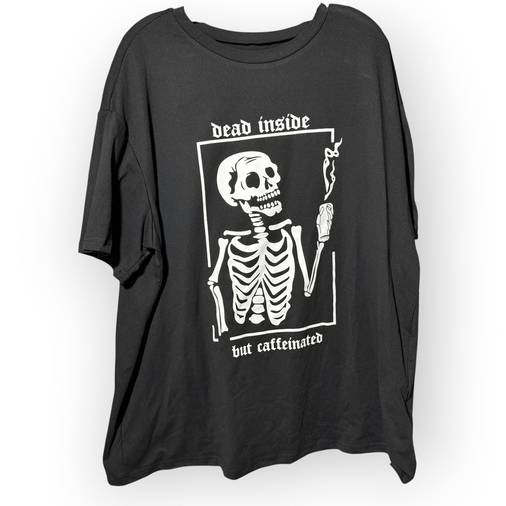 SHEIN Curve Dead Inside But Caffeinated Skeleton T-Shirt‎ Black Plus Size 1XL